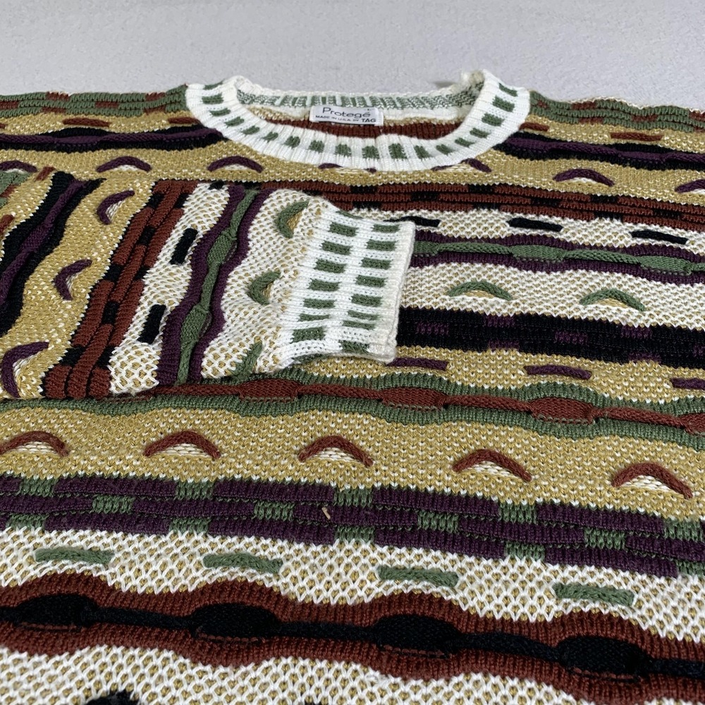 Protege Sweater Mens‎ Large Crewneck Chunky 3D Textured Knit Earth Tone USA Made